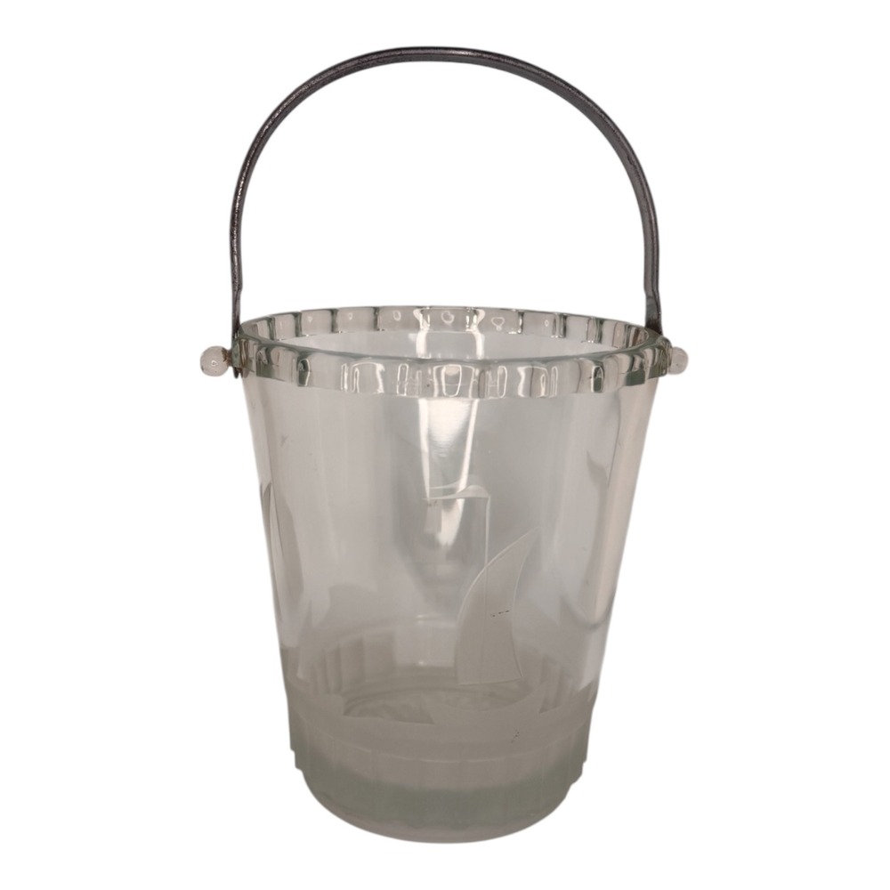 Vintage Etched Glass Sailboat Ice Bucket with Hammered‎ Metal Handle Nautical